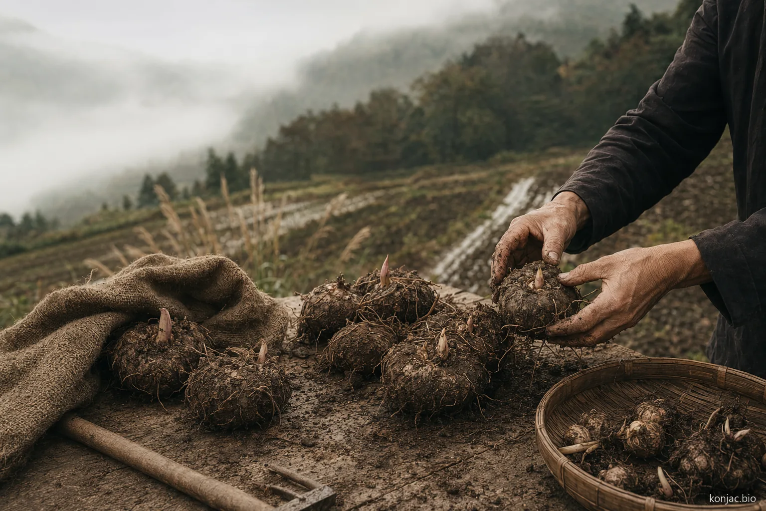 konjac jelly starts with konjac corms grown in fields before the plant starch becomes dessert gel