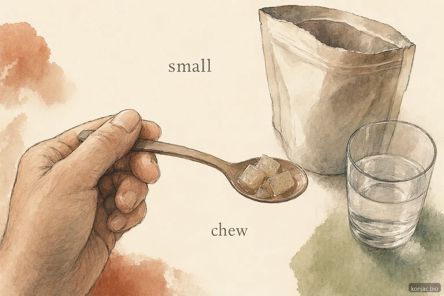 everydaze konjac jelly safety guide shows small bites and chewing help reduce choking risk with chewy pouches
