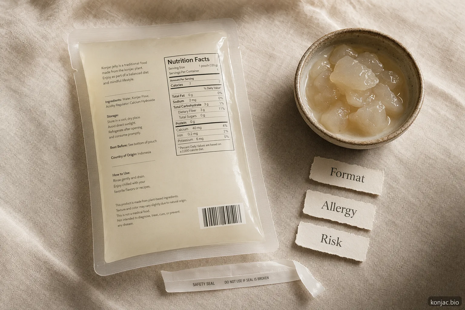 konjac jelly near me label still life: check format, allergens, Nutrition Facts, and choking-risk warnings