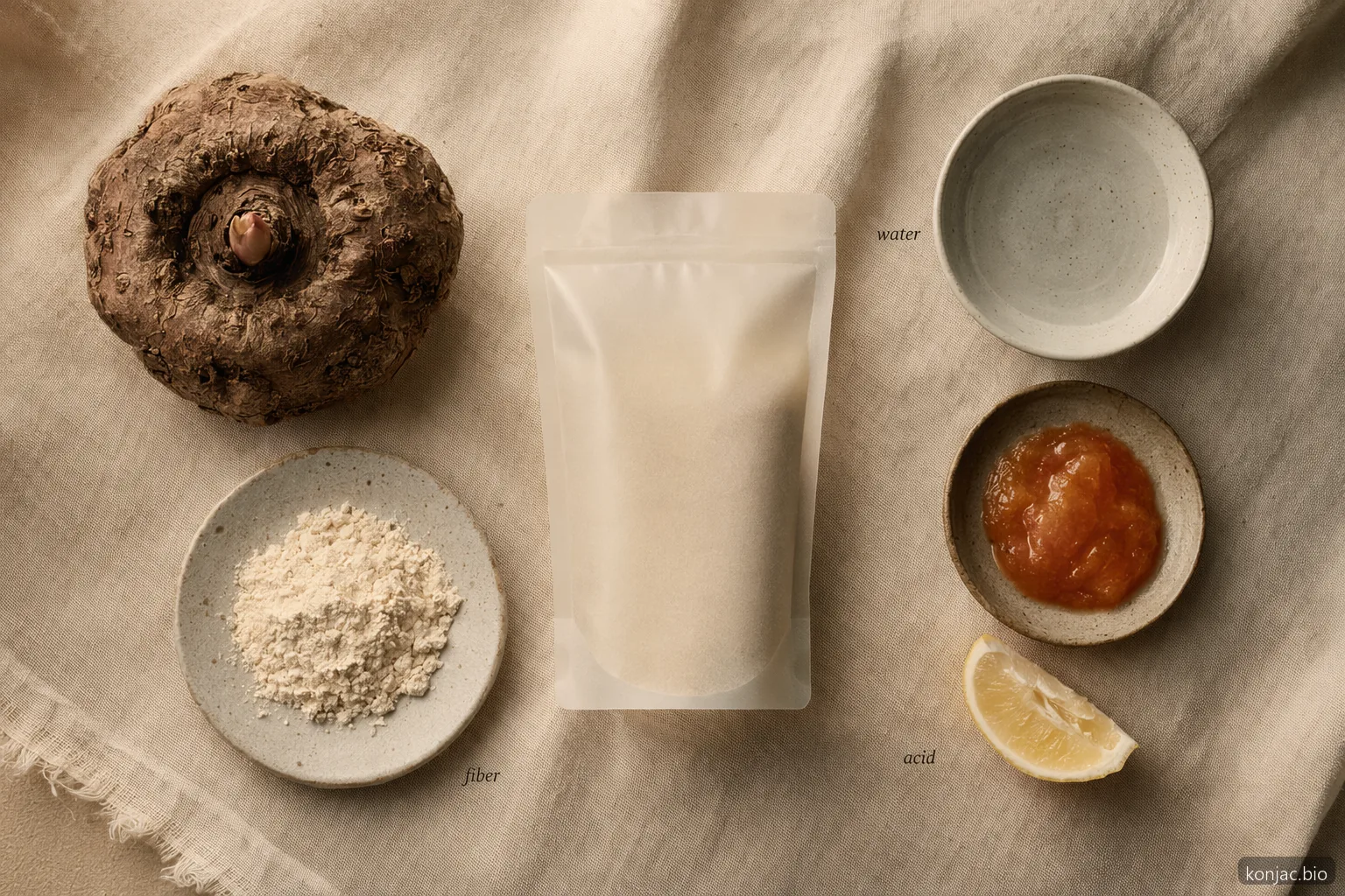 konjac jelly pouches use water, konjac fiber, fruit flavor, sweetener, and acid to set a squeezeable gel