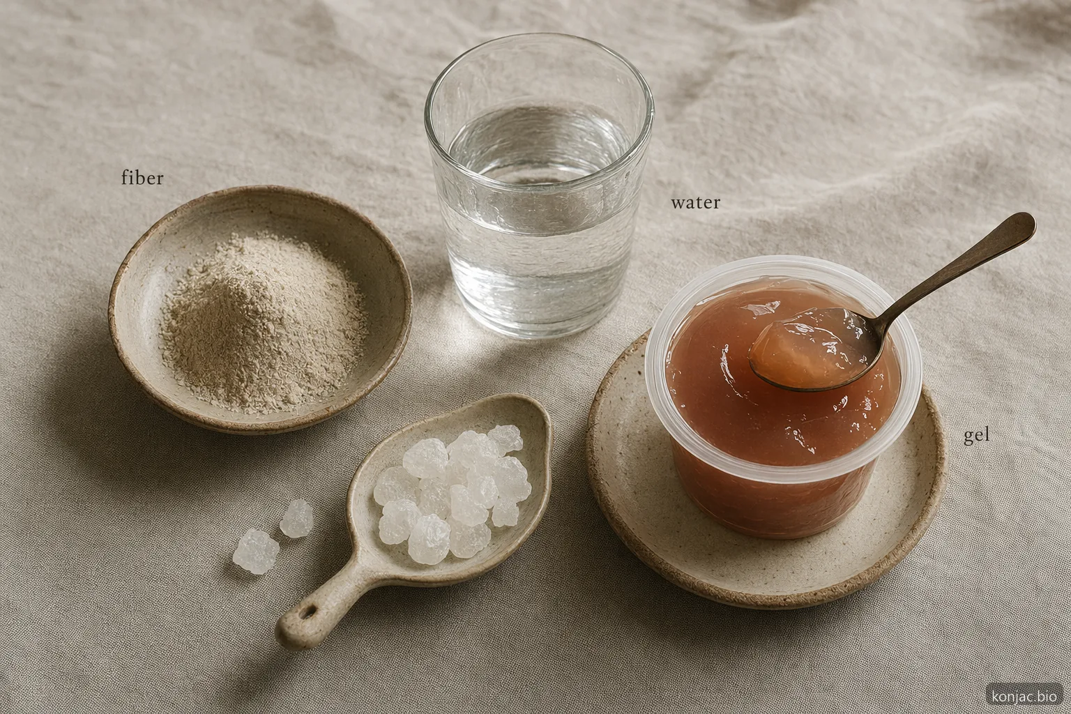 sugar free konjac jelly starts as konjac fiber, water, and sweetener before setting into a soft gel snack