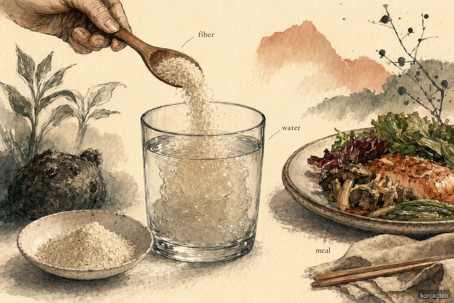 glucomannan and weight loss works best when konjac fiber is mixed with water before a meal for fullness