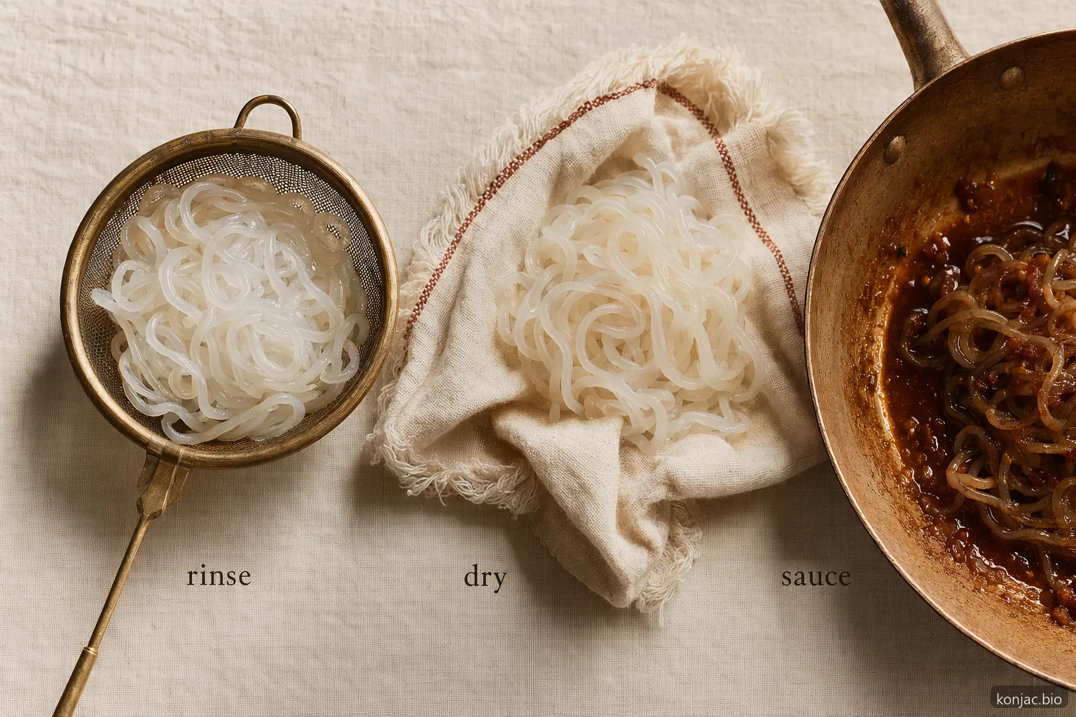 shirataki keto cooking improves when noodles are rinsed, dried in a pan, then finished with sauce