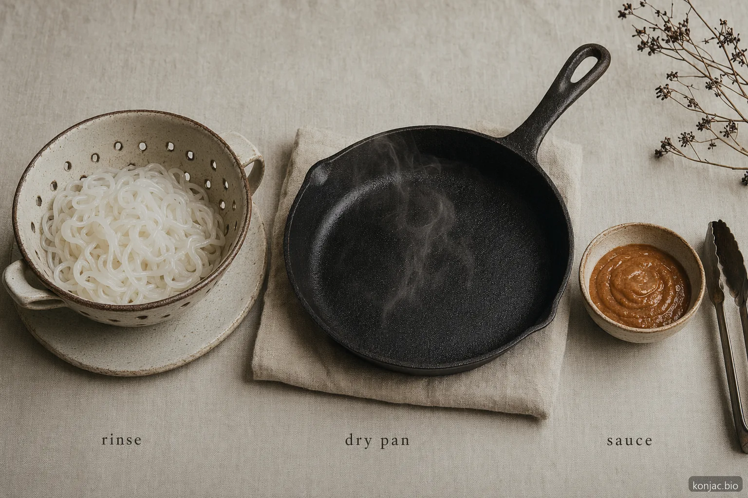 shirataki noodle keto cooking works best when noodles are rinsed, dry-pan heated, then coated with sauce