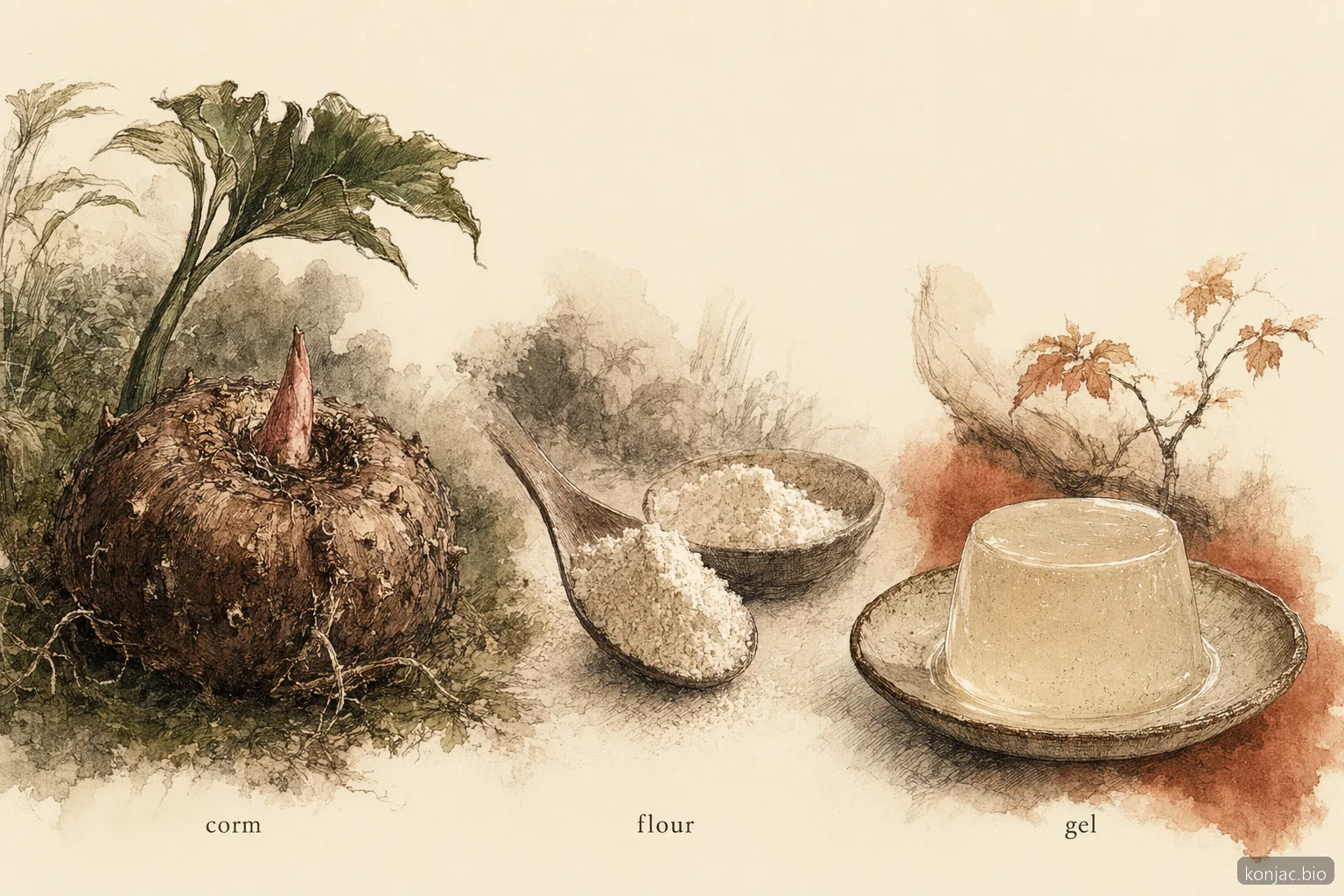 konjac jellies start as konjac corm flour that hydrates and sets into a firm plant-based gel