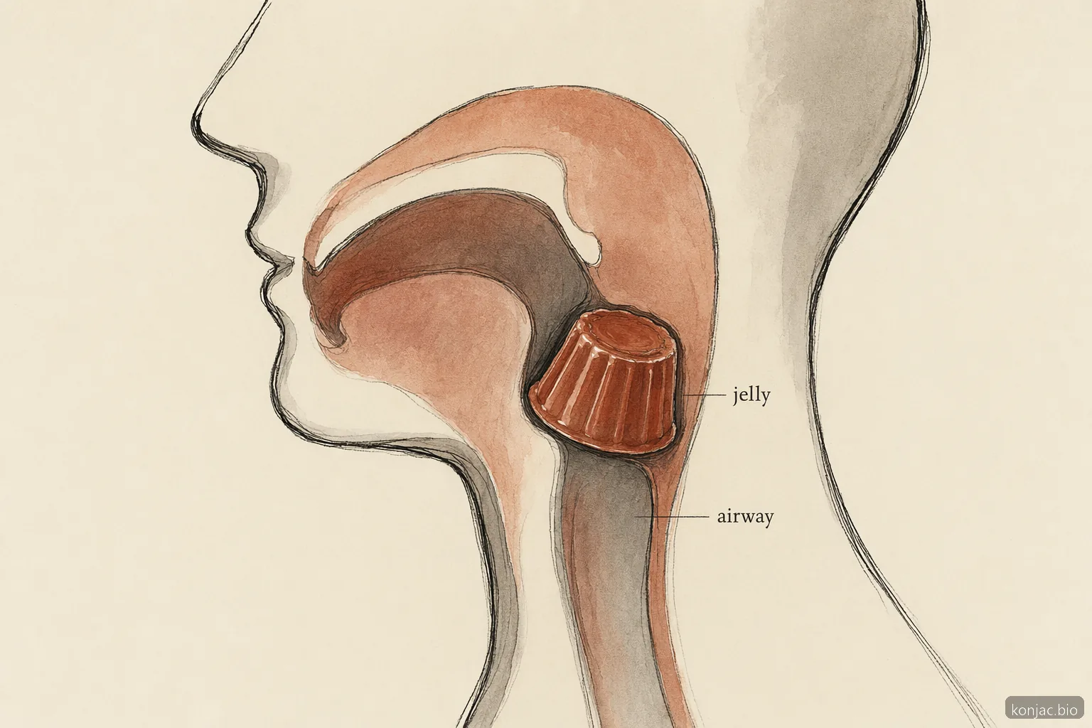 Konjac noodle ban safety graphic shows mini-cup jelly choking risk from a slippery plug in the airway.