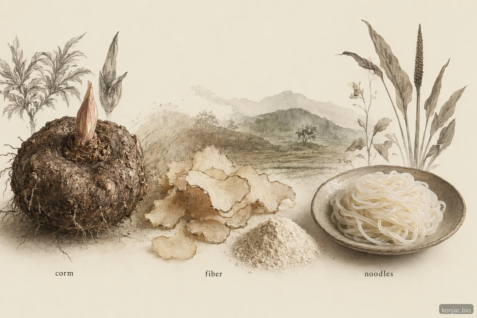 Konjac plant pasta starts with the konjac corm, then dried slices become glucomannan fiber for noodles.