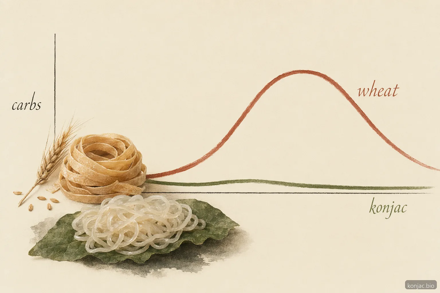 Konjac plant pasta has very low digestible carbs compared with wheat pasta, shown by a simple rising curve.