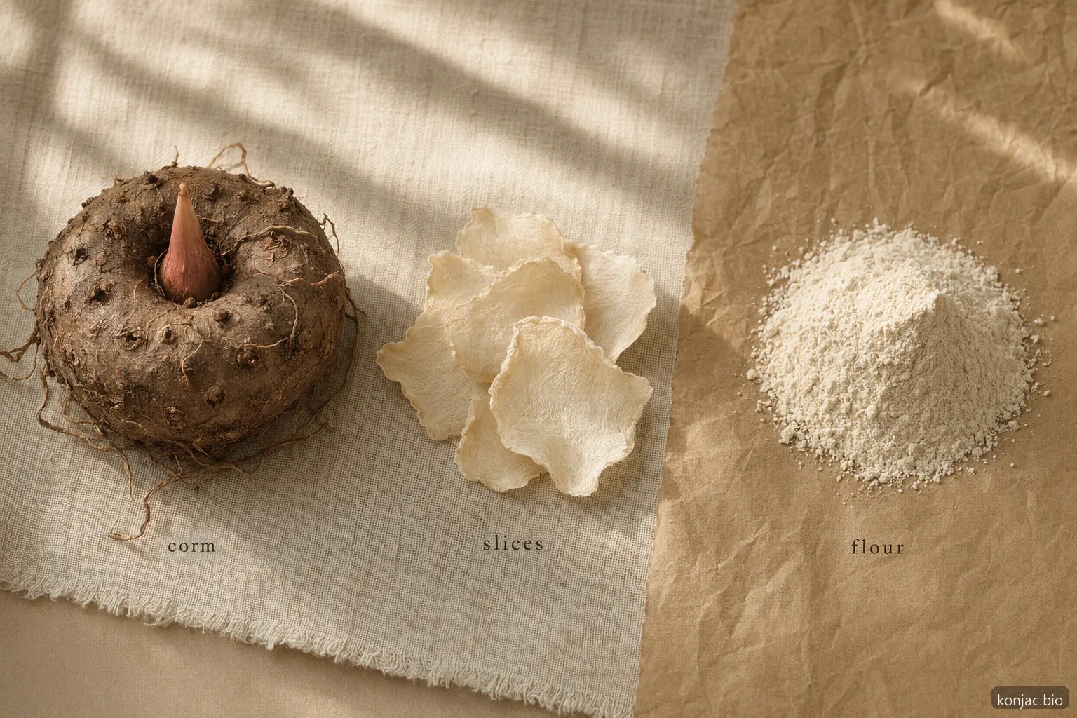 konjac plant root processing still life shows corm, dried slices, and flour as the path into konjac foods