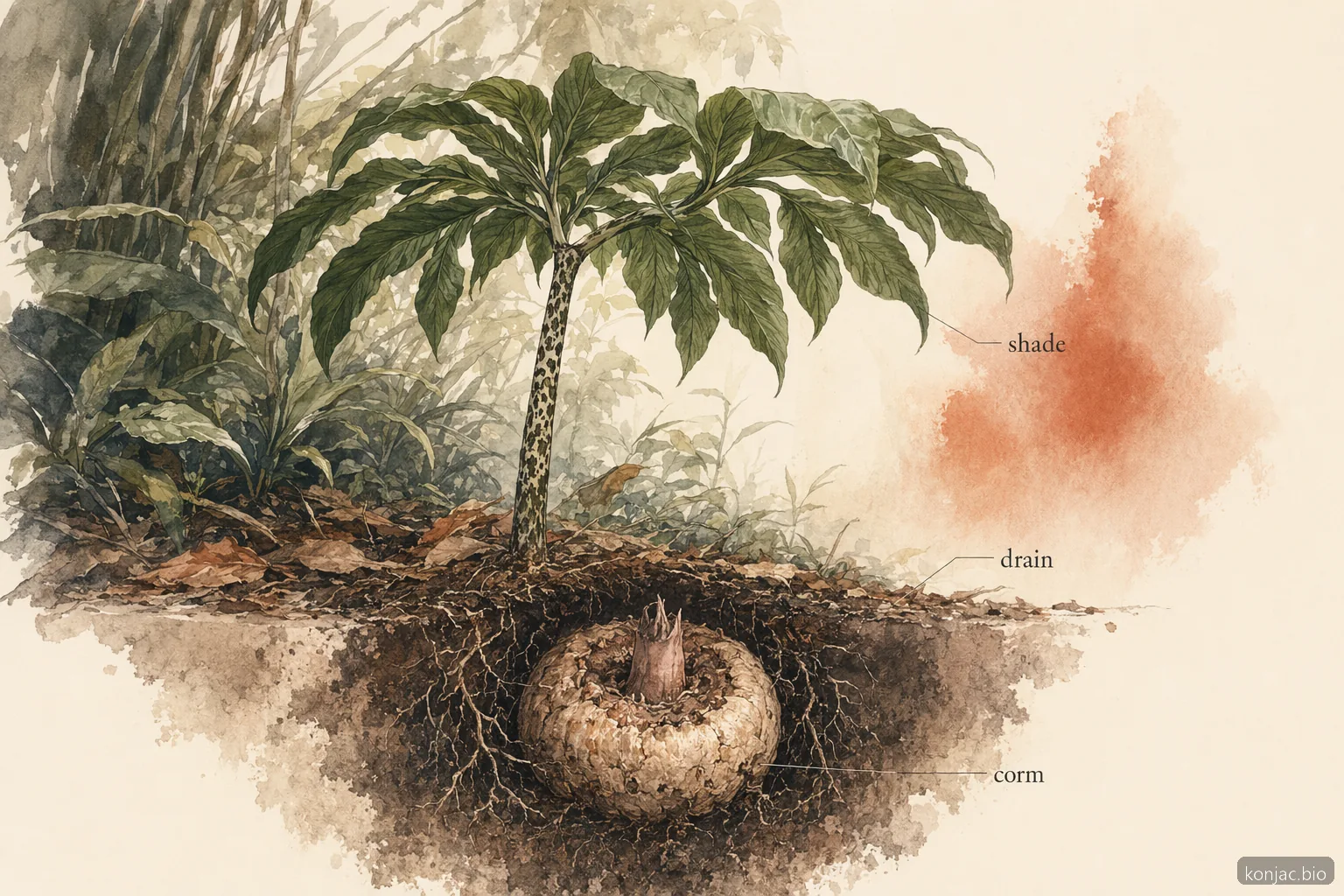 Konjac plants grow best in warm shade with draining soil and an underground corm storing starch.