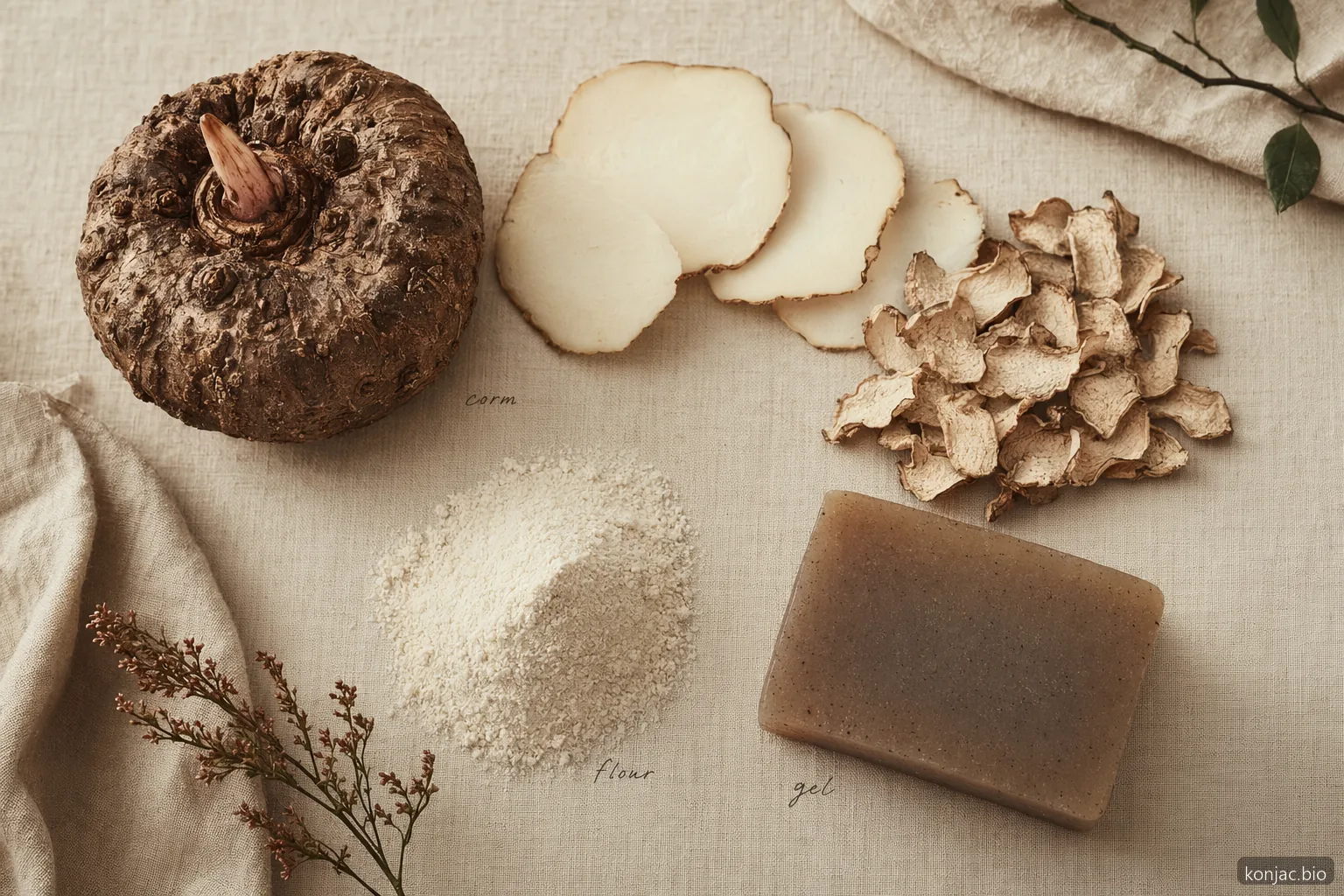 konnyaku konjac starts with a corm processed into flour, then hydrated and set into a firm cooking gel