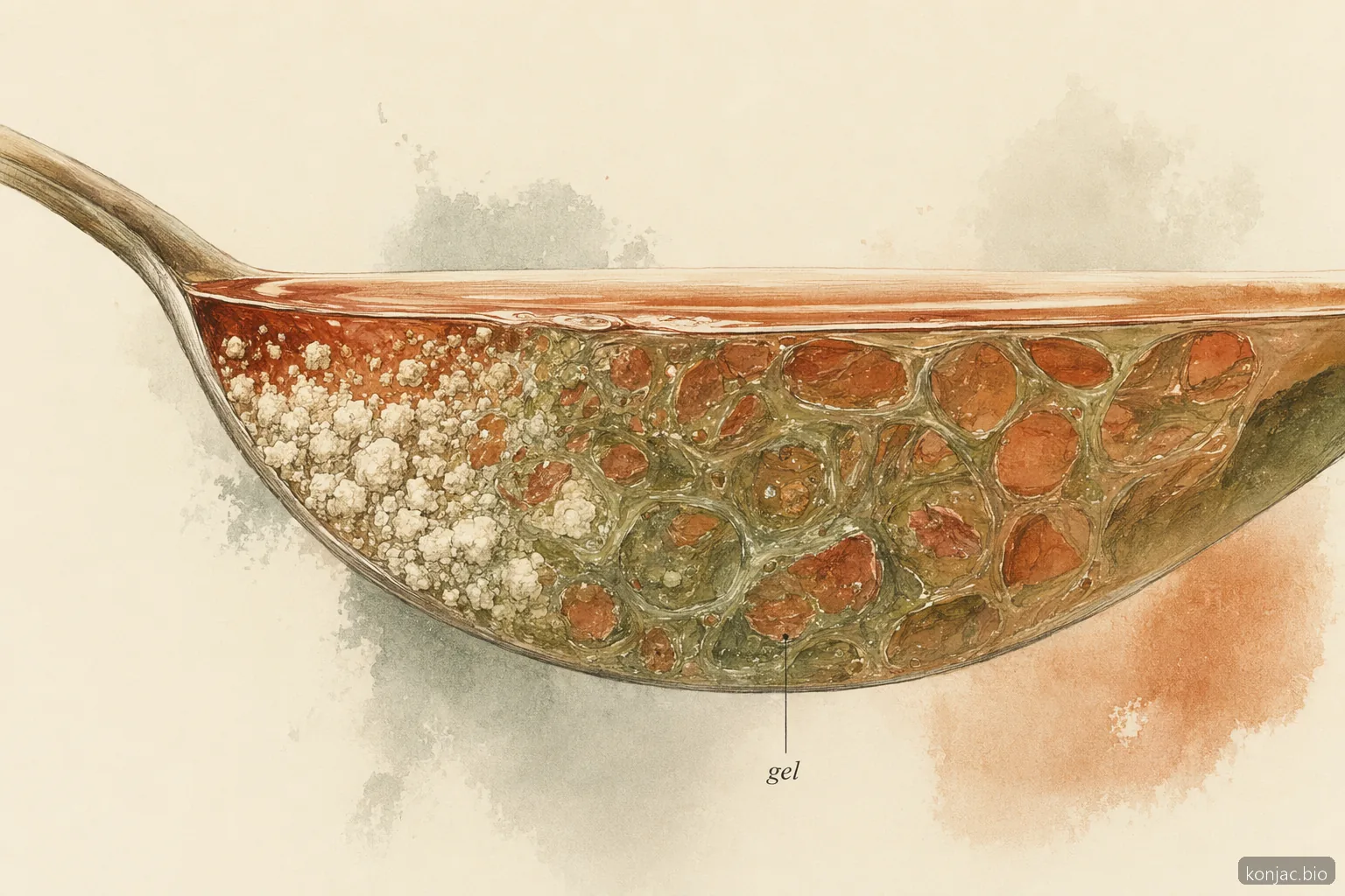 Konjac recipes thickening detail shows glucomannan swelling into a gel network that gives sauces body