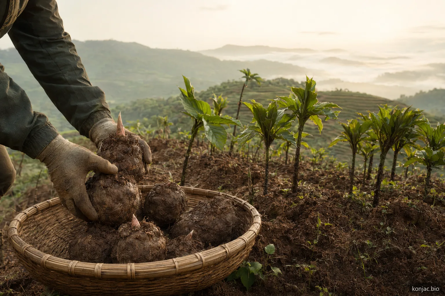 Konjac recipes origin scene shows Amorphophallus konjac corms harvested from terraced fields for sourcing context