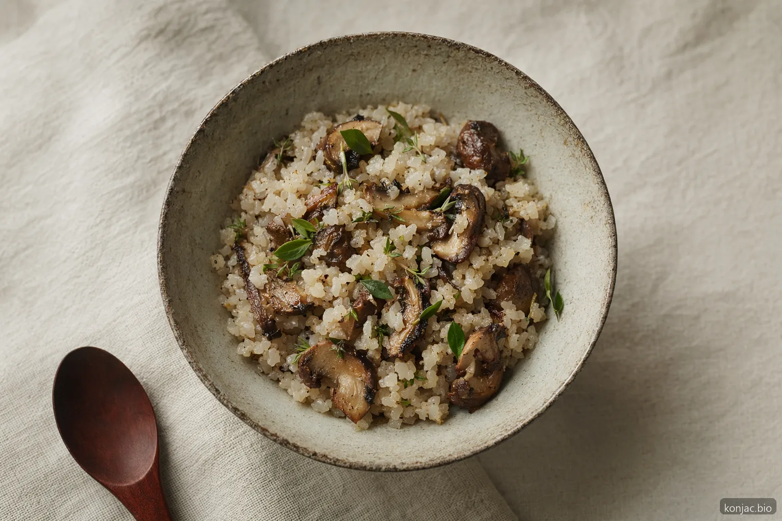 Konjac recipes finished application shows konjac rice in a calm meal bowl as a practical swap for everyday cooking