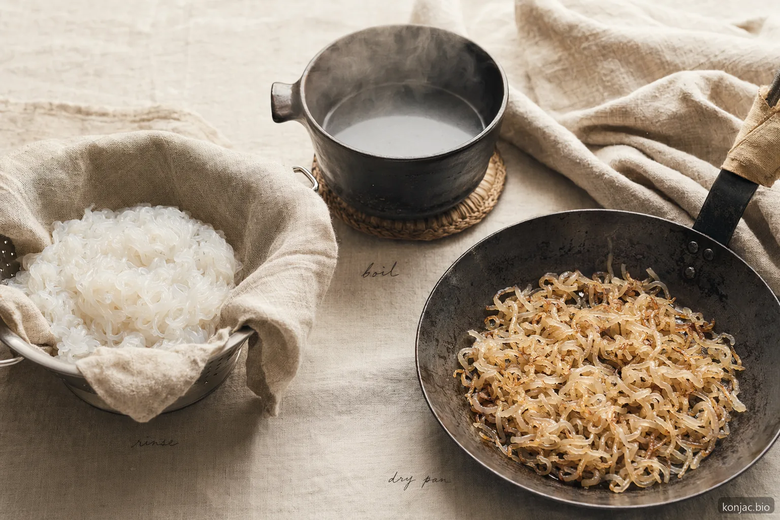 how to cook shirataki noodles by rinsing, boiling, and dry-frying to remove aroma and tighten texture