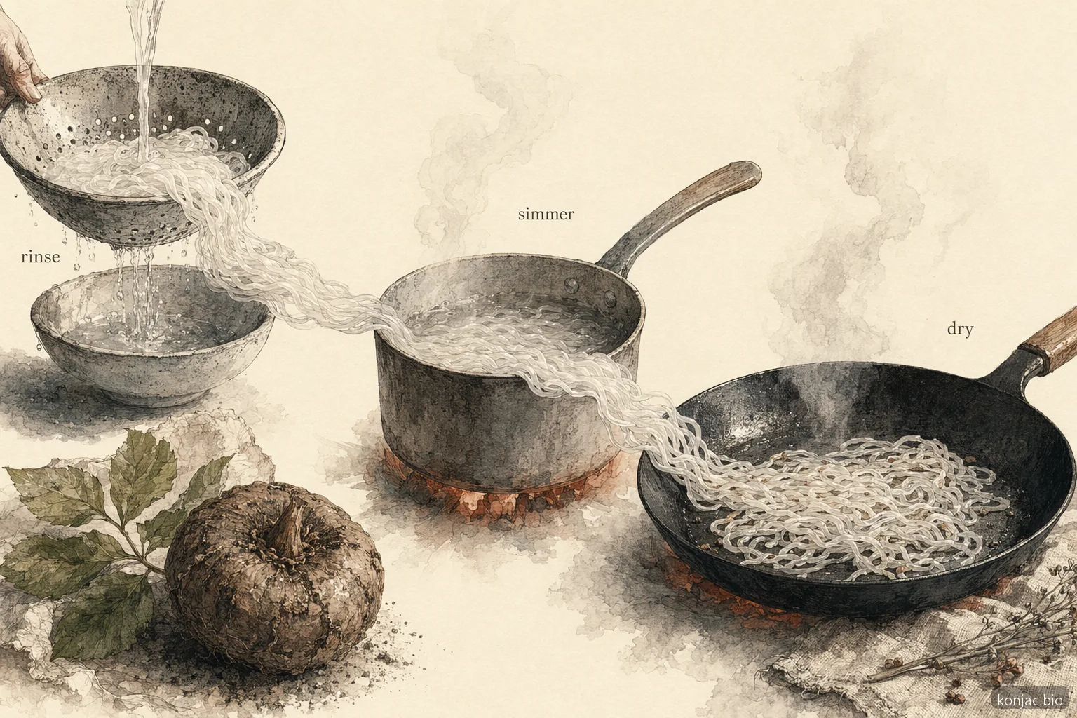 how to cook with shirataki noodles: rinse, simmer, then dry-pan until squeaky for cleaner aroma and better texture