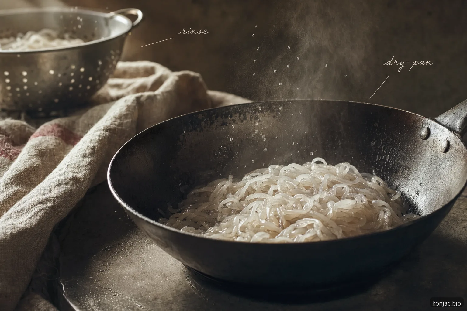 recipe for shirataki noodles prep shows rinsing then dry-panning removes excess water for springier texture