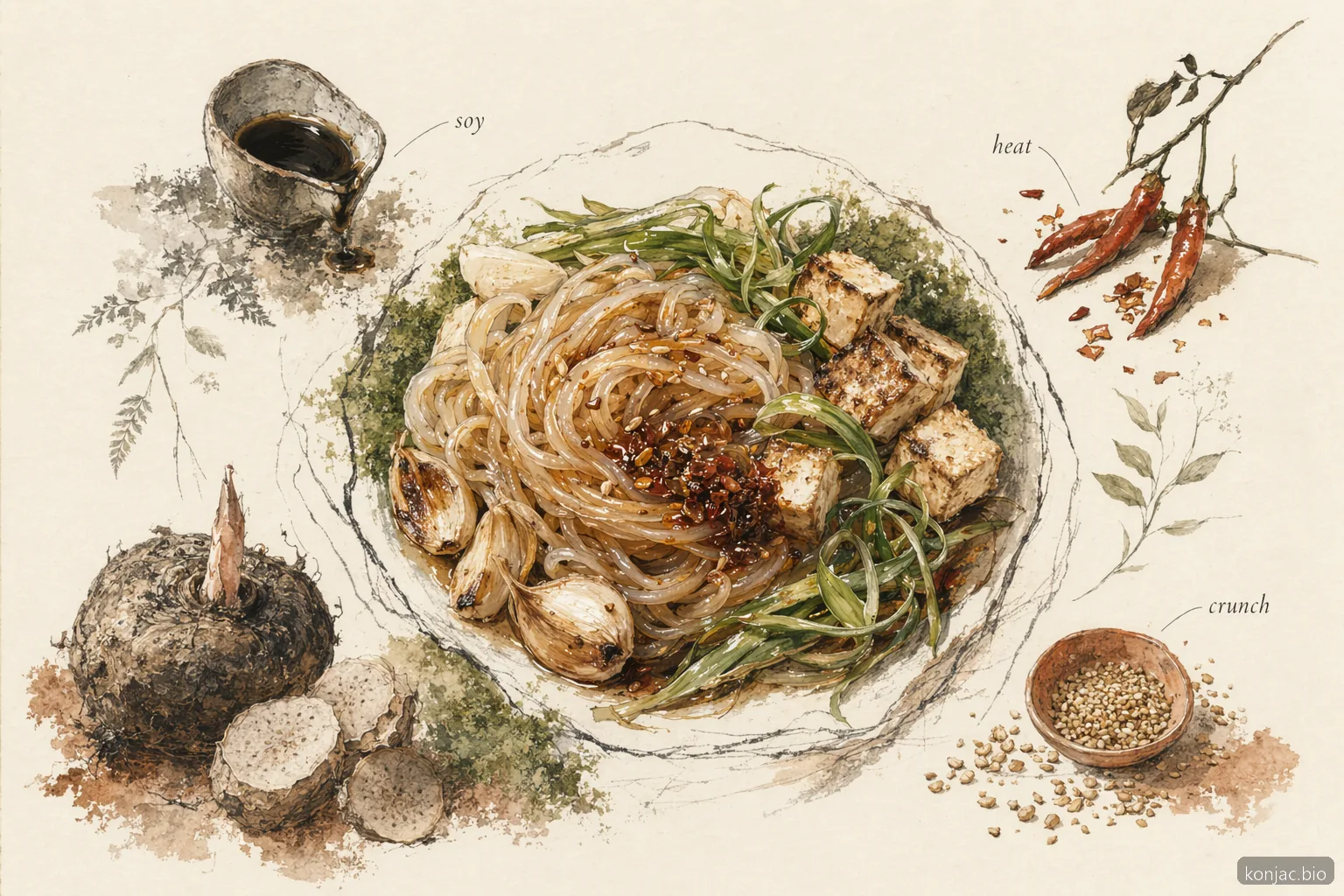 recipe for shirataki noodles sauce guide shows soy, heat, and crunch as balanced add-ins for a fast stir-fry