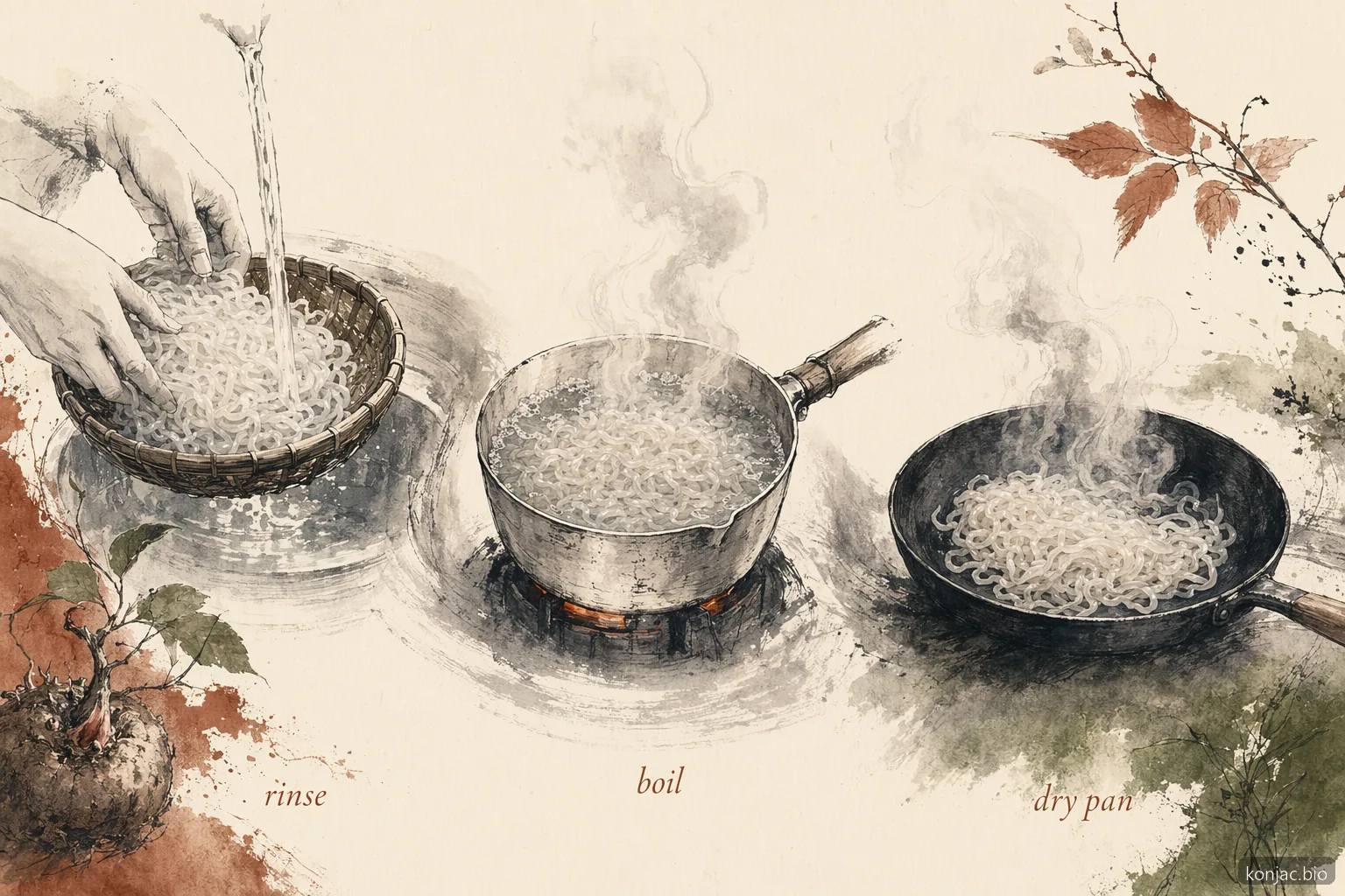 Recipes with shirataki noodles work best when rinsed, boiled, then dry-panned before sauce.