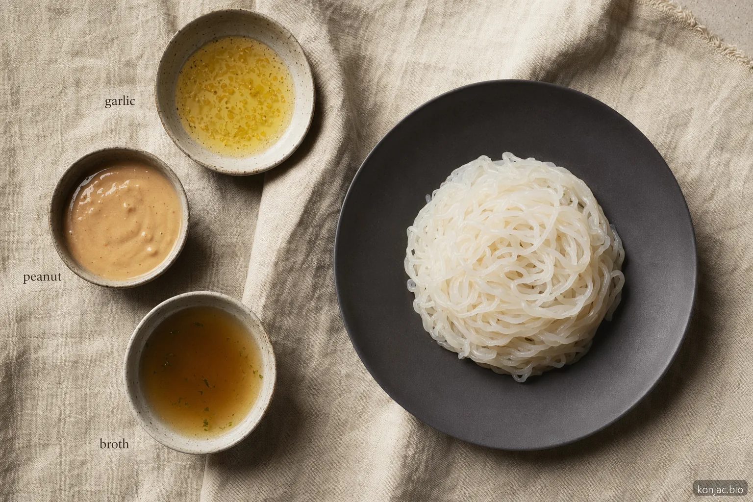 Recipes with shirataki noodles need bold sauces; garlic oil, peanut dressing, and broth cling well.