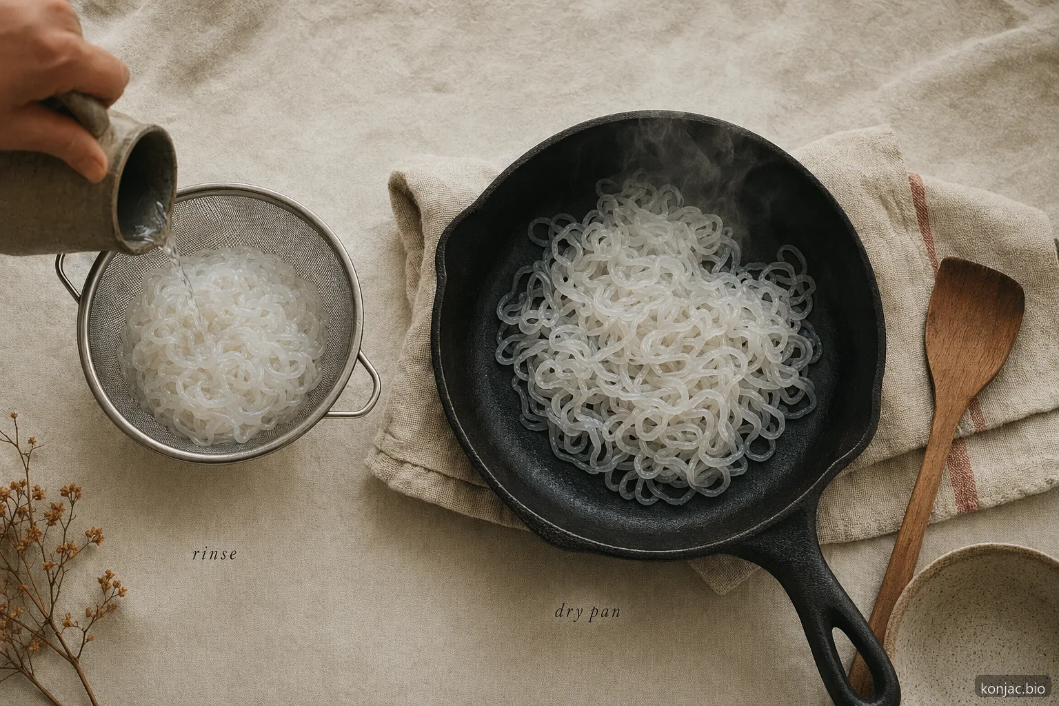 shirataki recipe prep works best after rinsing noodles and dry-pan cooking them before sauce and aromatics