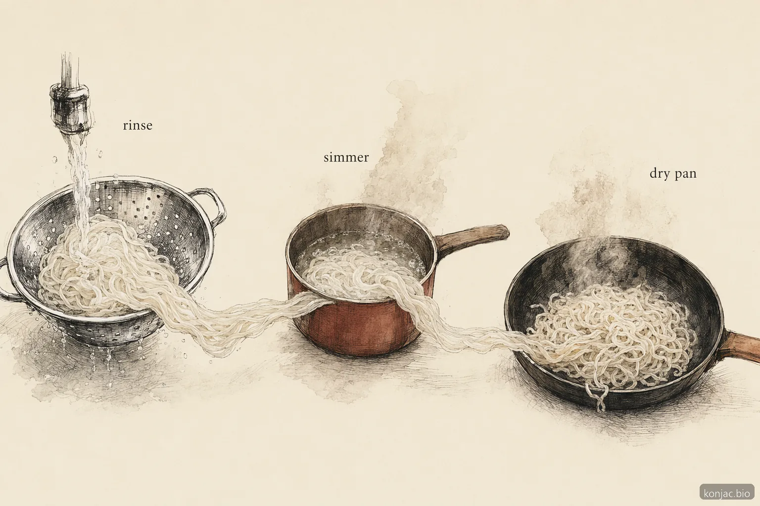 shirataki yam noodles recipes use rinse, simmer, and dry pan heat to remove excess water before saucing.