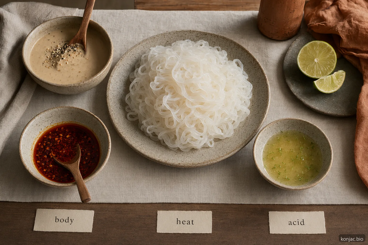 shirataki yam noodles recipes taste balanced when sauce has body, heat, and acid around dry noodles.