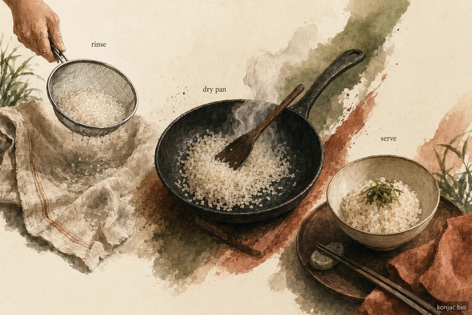 konjac rice cooks best when rinsed, drained, and dry-pan heated before serving to reduce watery texture