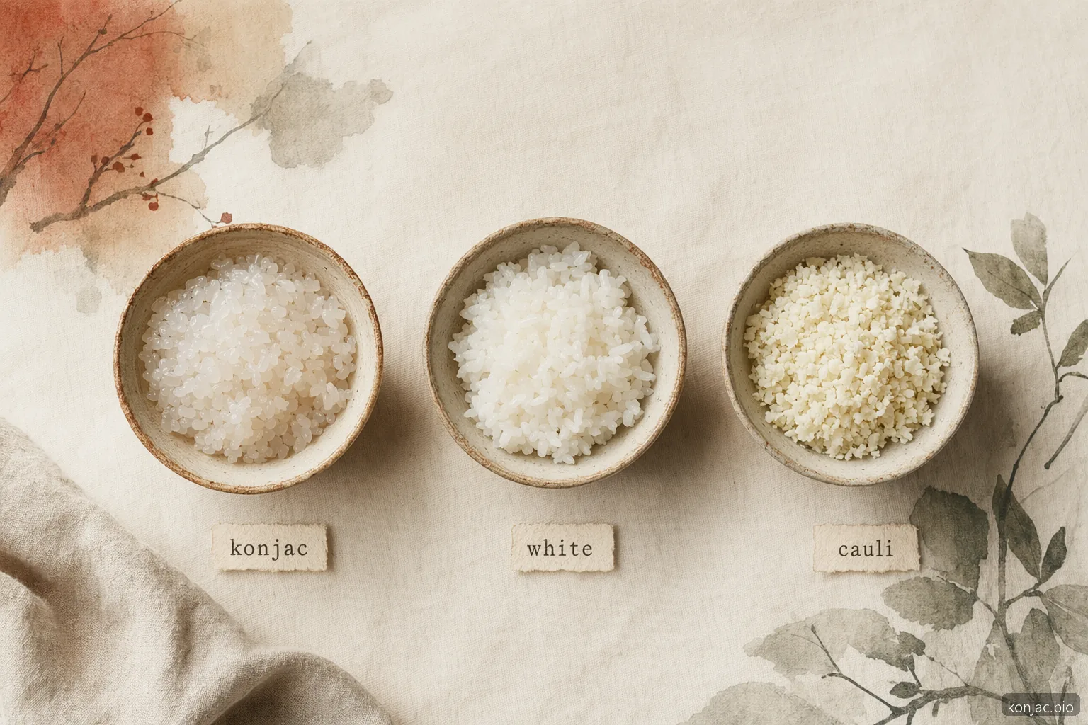 konjac rice differs from white rice and cauliflower rice by its translucent gel grains and very low-carb role