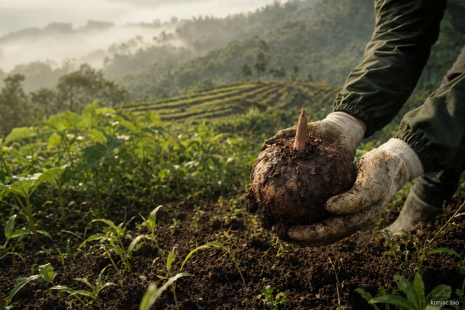 konjac rice starts with konjac corms grown in hillside fields, making sourcing and quality checks important
