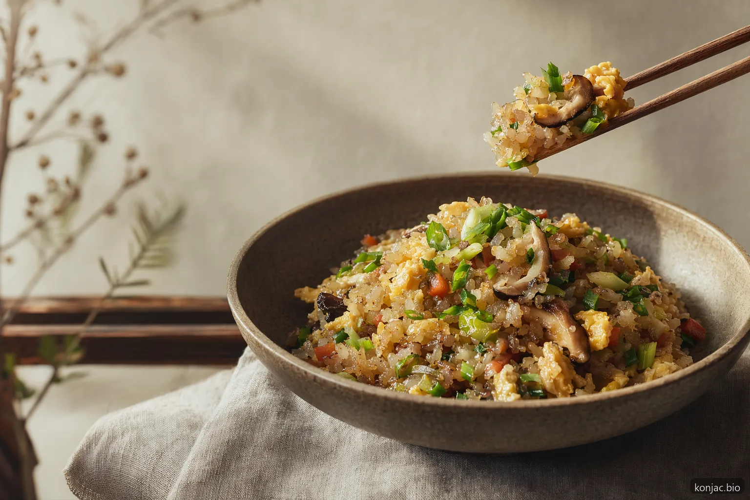 konjac rice works in fast stir-fries when cooked dry, carrying vegetables and seasoning without heavy carbs
