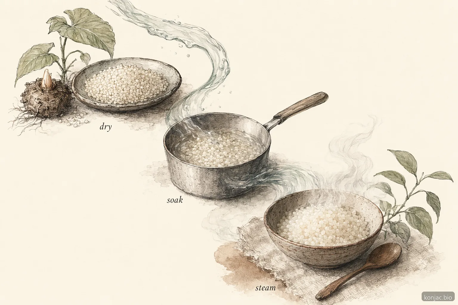 Dried konjac rice cooking flow shows dry grains rehydrating in water and finishing as a steaming bowl.