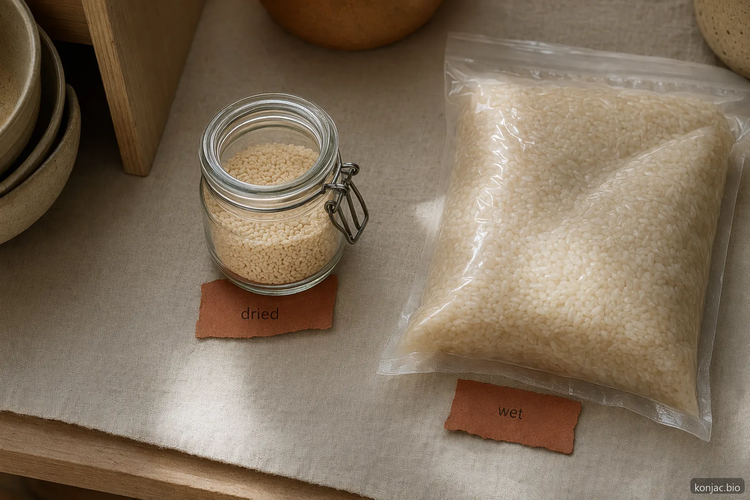 Dried konjac rice storage comparison shows a compact dry jar taking less pantry space than a wet pouch.