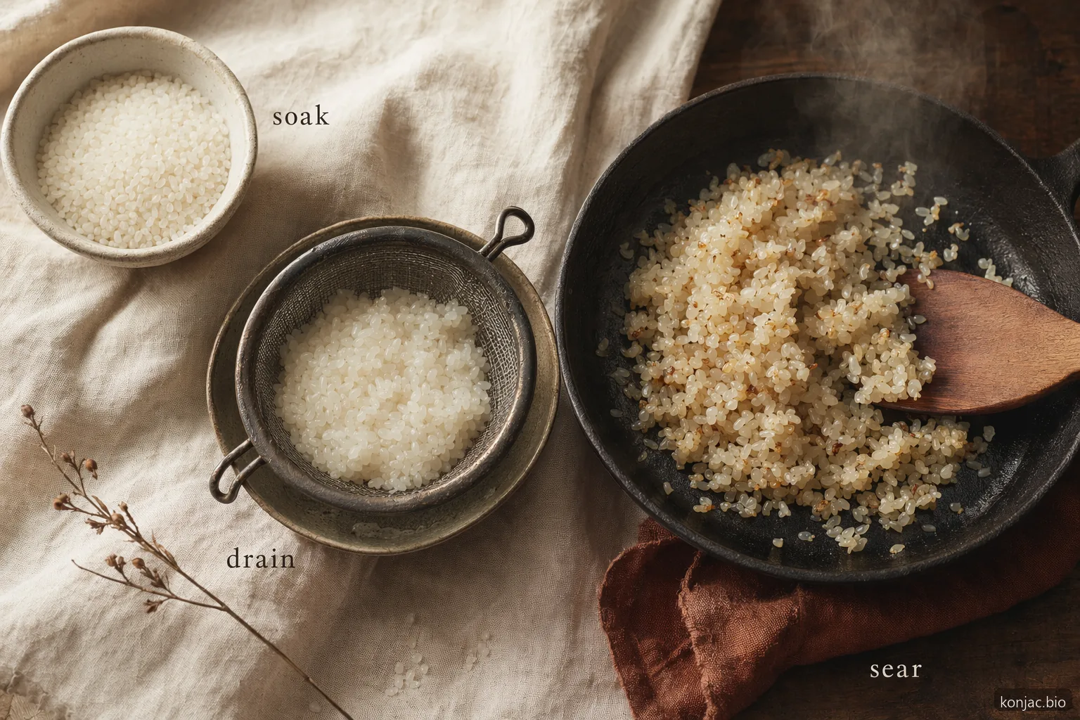 Dry konjac rice tastes firmer when fully soaked, well drained, then finished in a dry pan