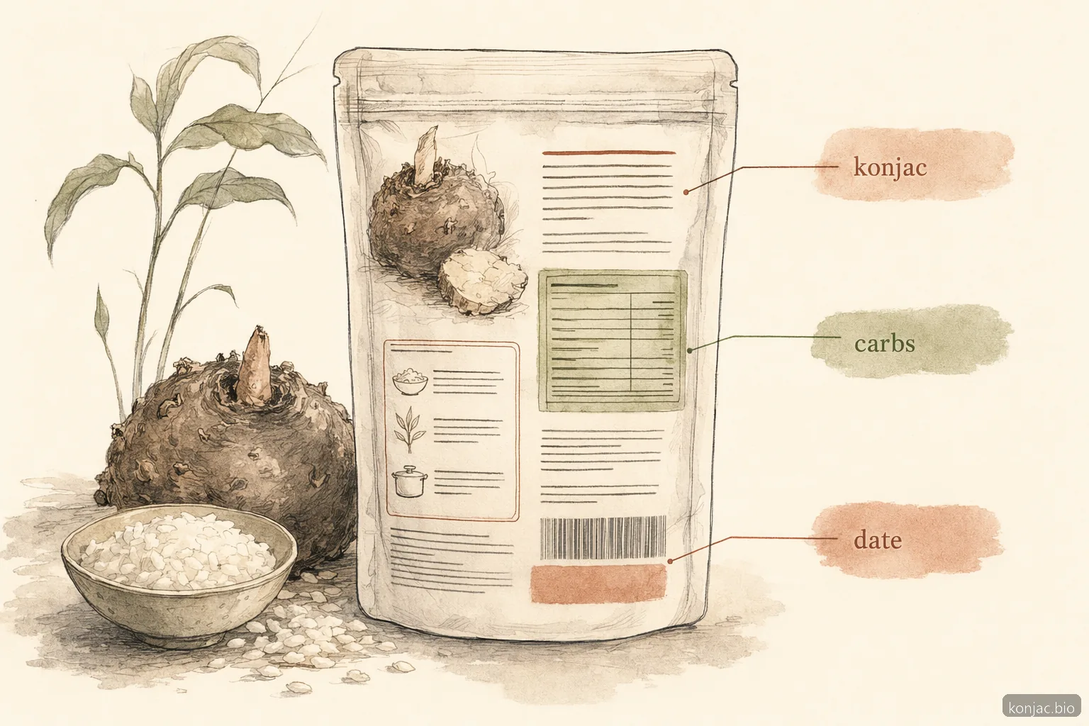 konjac rice near me labels should show konjac ingredients, net carbs, serving size, dates, and storage guidance