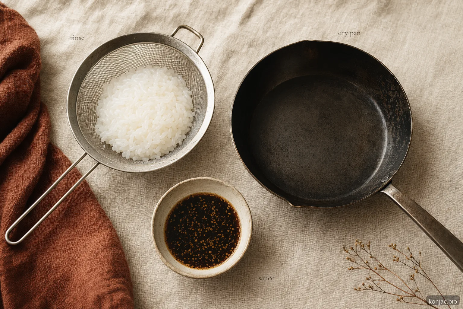 miracle rice shirataki rice cooks better when rinsed, dry-heated, then finished with sauce.
