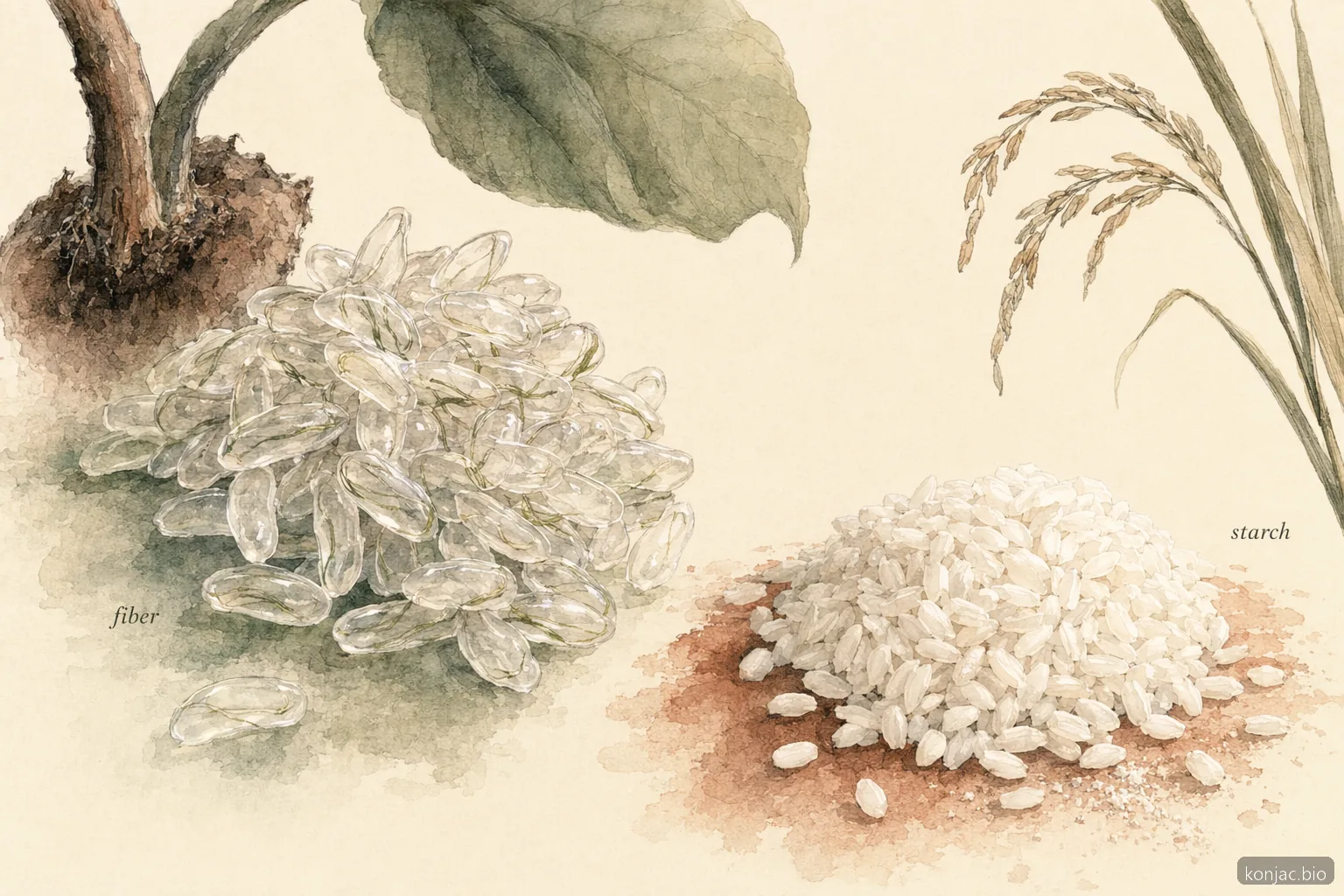 shirataki miracle rice nutrition is mostly water and fiber, while white rice reads as a denser starch source