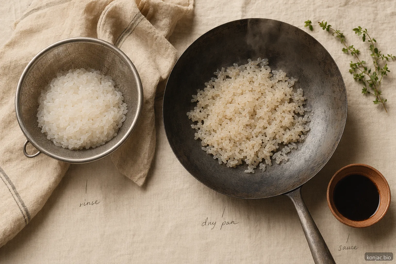 shirataki miracle rice tastes better after rinsing, dry-pan heating, and finishing with a bold sauce