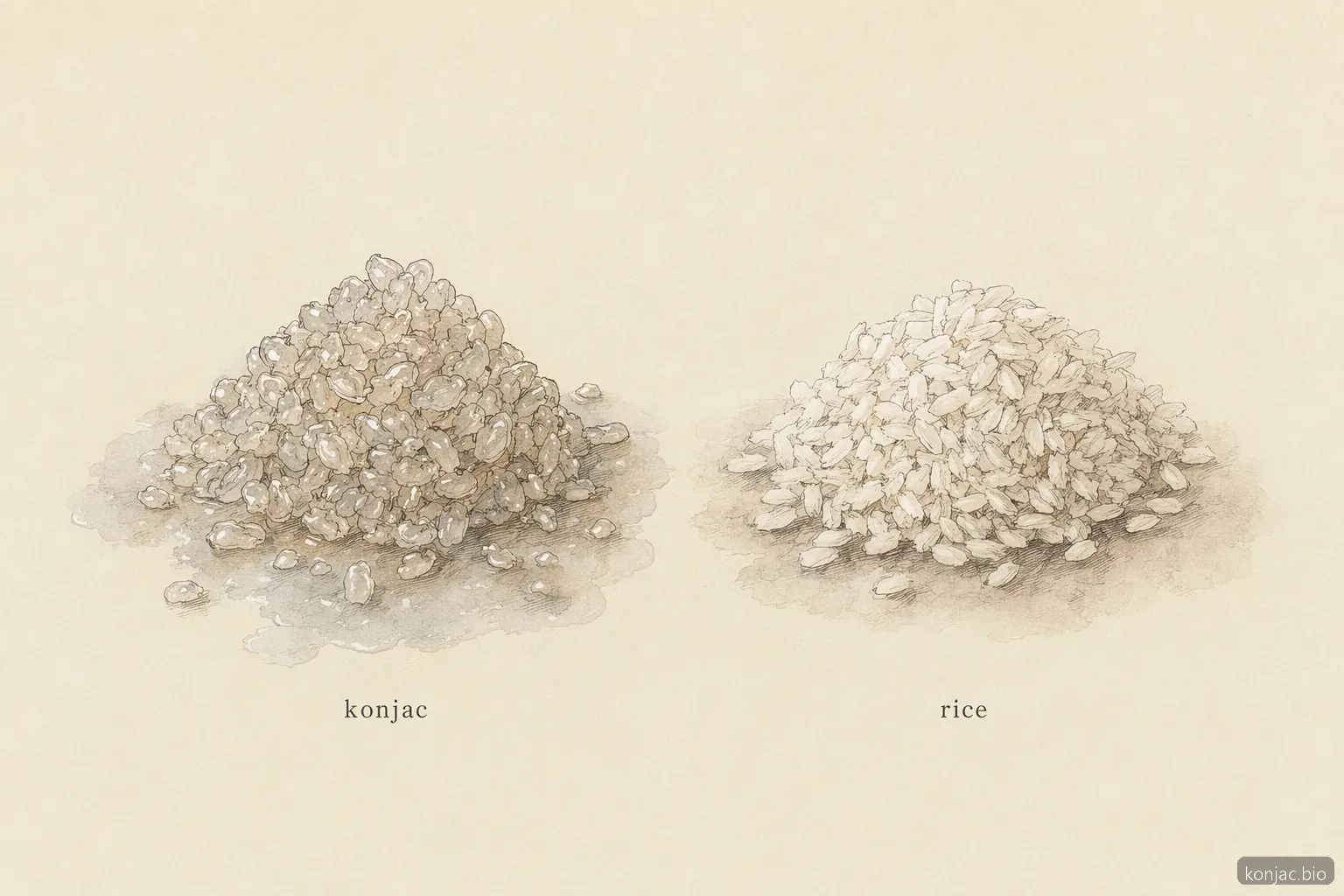 shirataki rice konjac rice comparison shows translucent konjac grains are springy, while white rice looks starchy