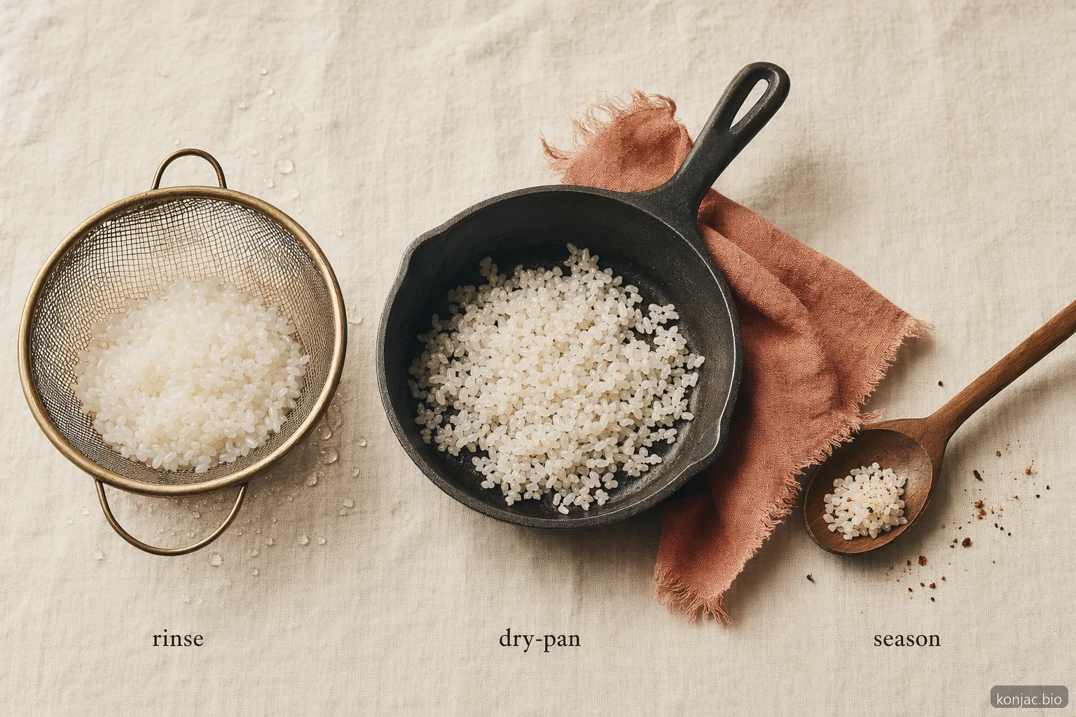 shirataki rice konjac rice cooking setup shows rinsing then dry-pan heating removes excess water before seasoning