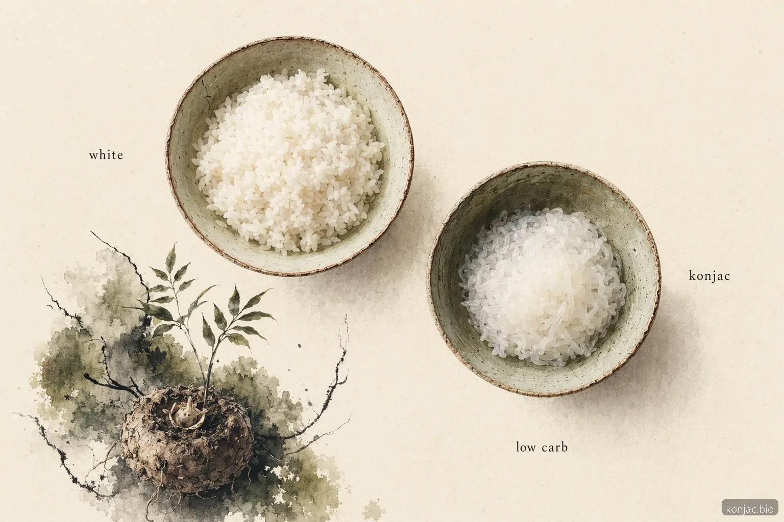 shirataki rice low carb comparison shows konjac rice has fewer digestible carbs than white rice