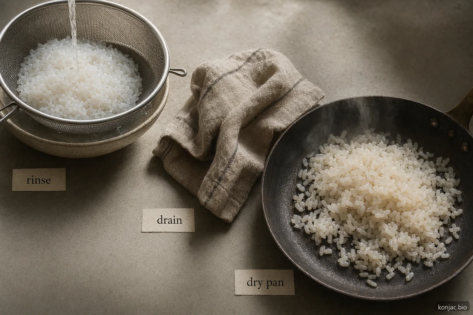 shirataki rice low carb cooking works best when rinsed, drained, then dry heated for texture