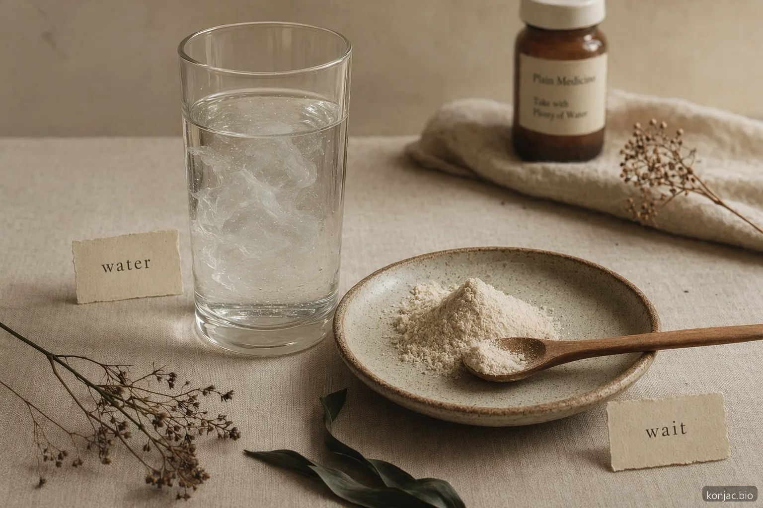 Konjac side effects glucomannan method shows powder needs plenty of water and spacing from medicines.
