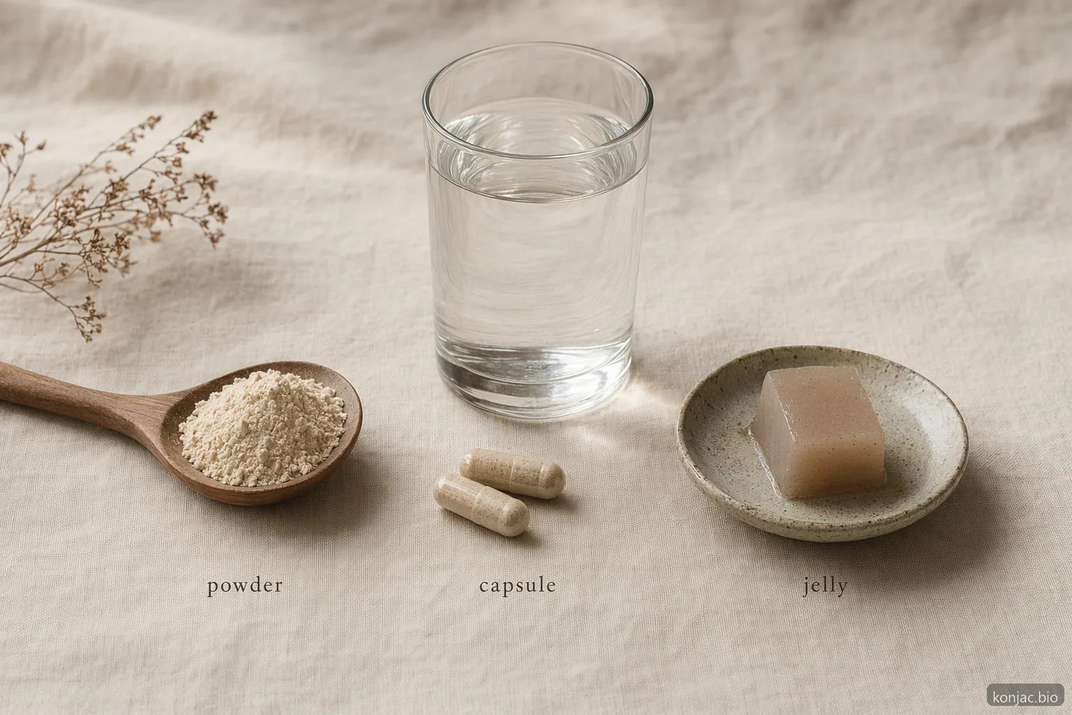 Konjac root side effects vary by form; powder, capsules, and firm jelly need enough water for safer swallowing.
