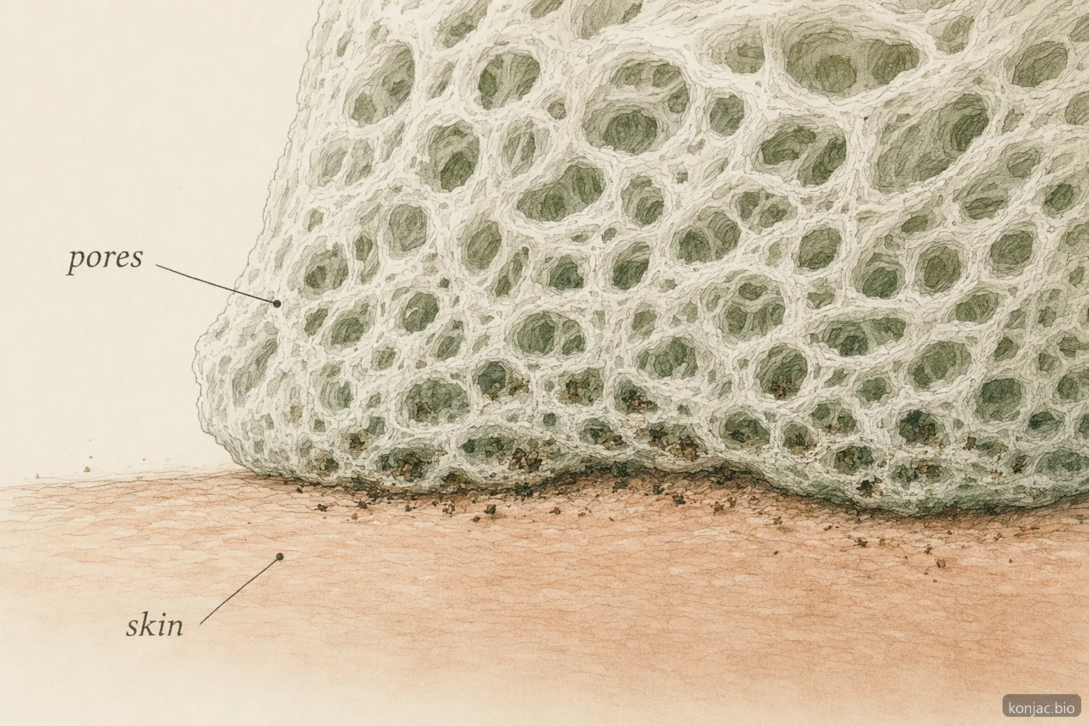Konjac skincare sponge detail shows a porous fiber network cleansing the skin surface gently without abrasion.