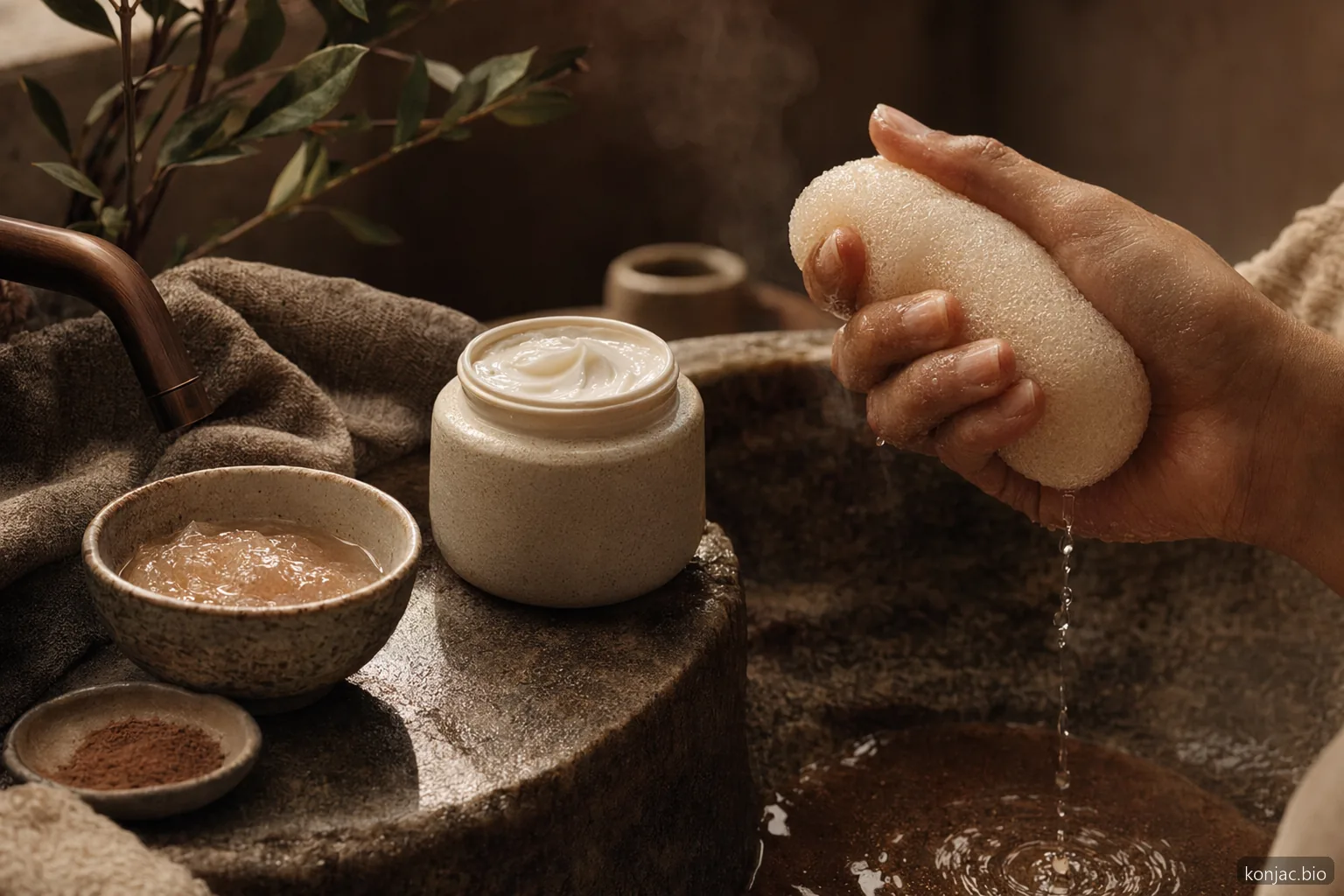 Konjac skincare routine pairs a hydrated sponge with cleanser and gel mask for gentle daily surface care.