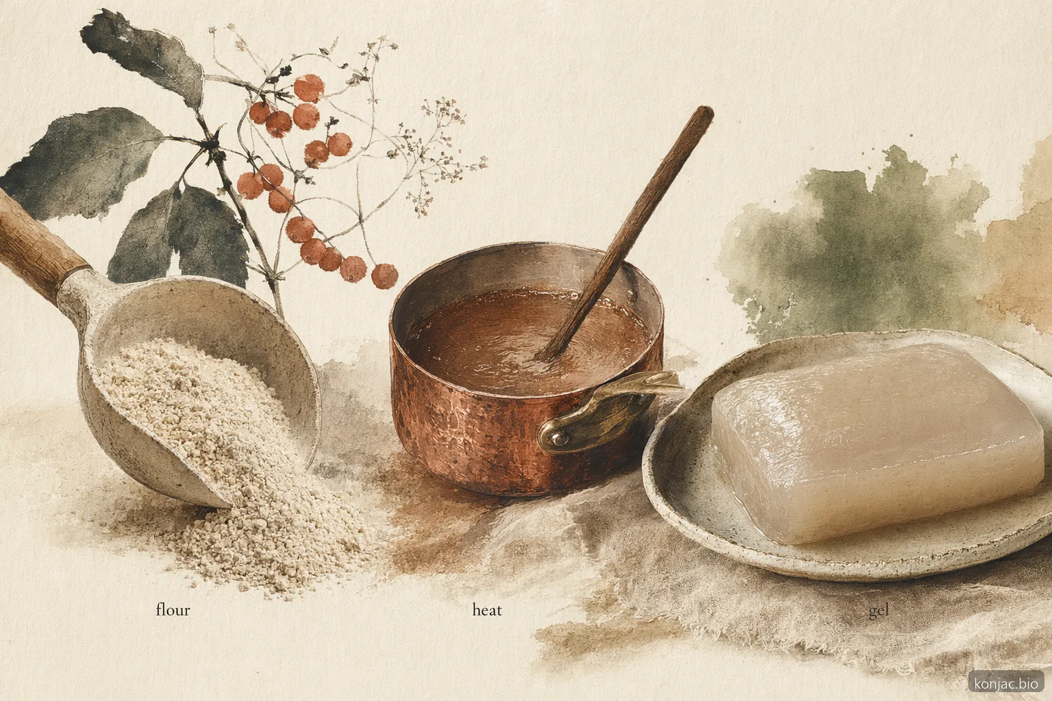 Konjac snacks begin with konjac flour hydrated and heated into a gel, creating the chewy base for candy, boba, and jelly.