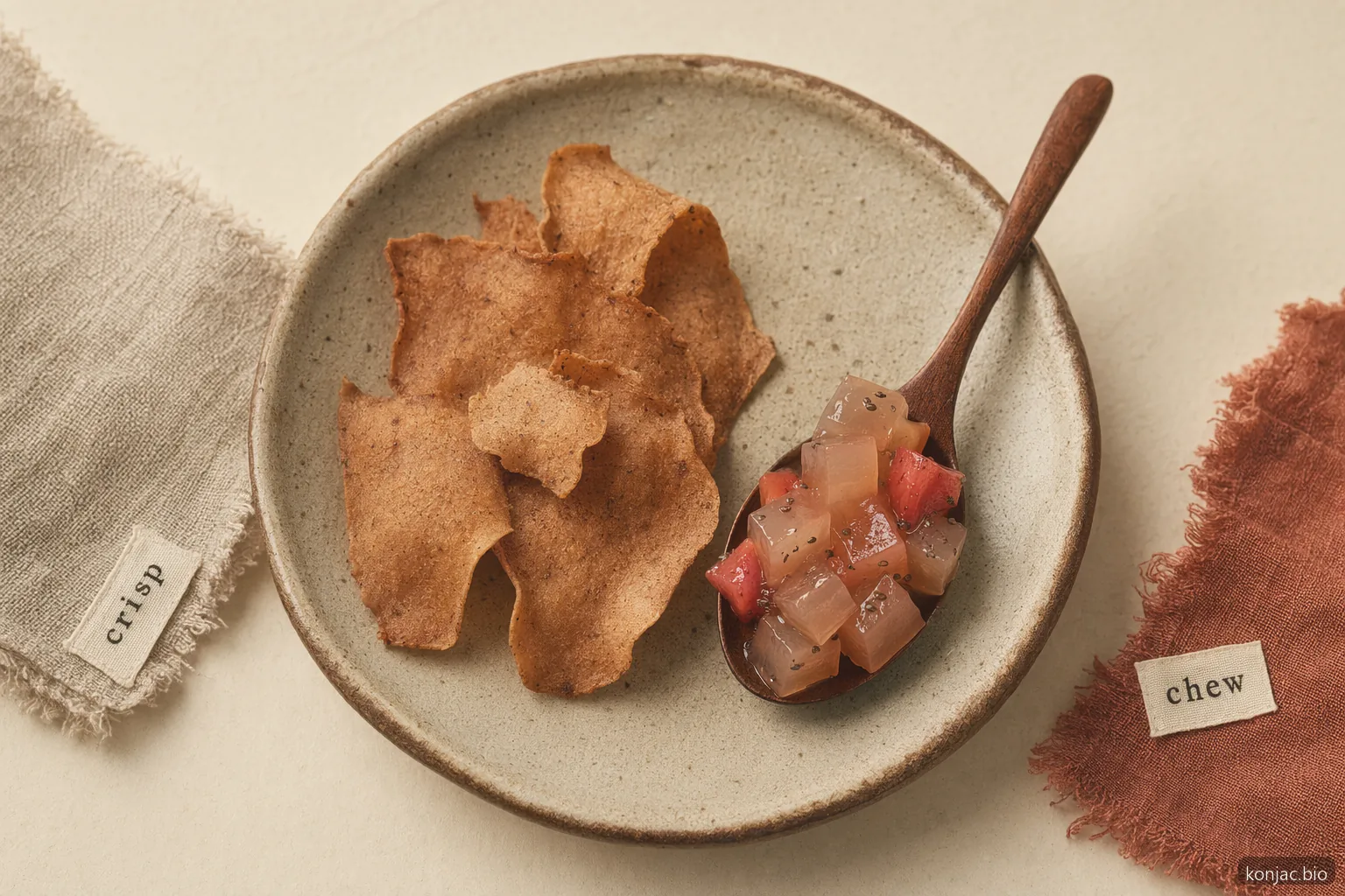 Konjac snacks can be crisp chips or chewy jelly, and serving size shapes how light or filling the snack feels.