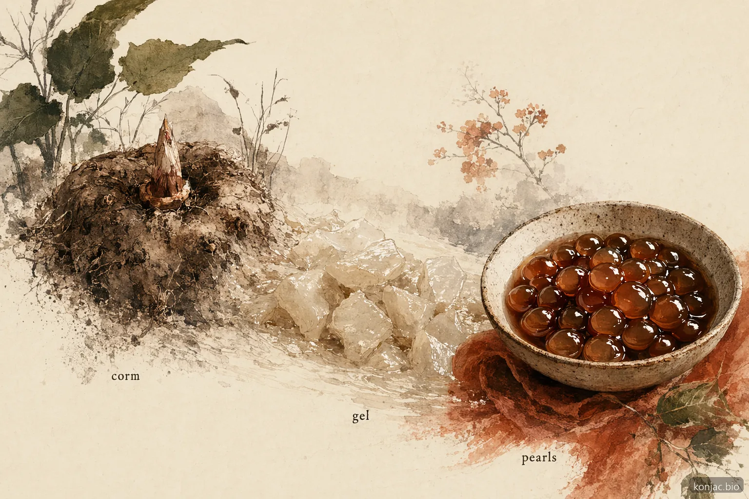 konjac boba starts with konjac corm, becomes hydrated gel, then sets into chewy pearls for syrup