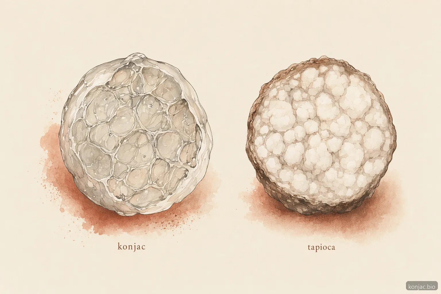 konjac boba pearls have a lighter gel network than tapioca pearls, which are denser and starch-based